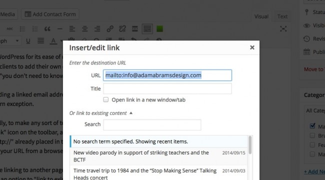 Adding an email link in the latest WordPress